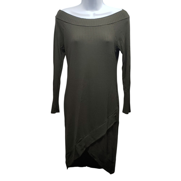 Vintage Charlotte Russe Olive Ribbed Sweater Midi Dress Size L – Off-Shoulder - Picture 1 of 5